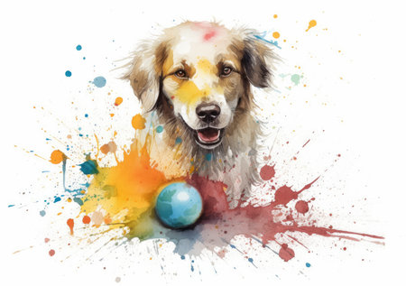 Playful Pup Creates Pastel Masterpiece with Eggs and Brush (AI Generated)の素材