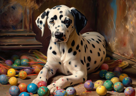 Playful Dalmatian Pup amidst Rainbow Eggstravaganza (AI Generated)の素材
