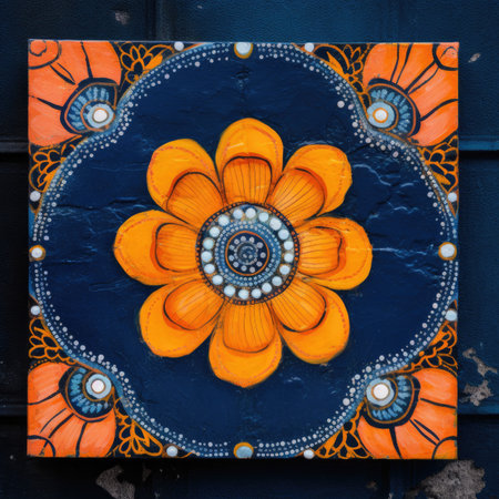 Cosmic Symbolism in Orange Flower and Square on Blue Canvas (AI Generated)の素材