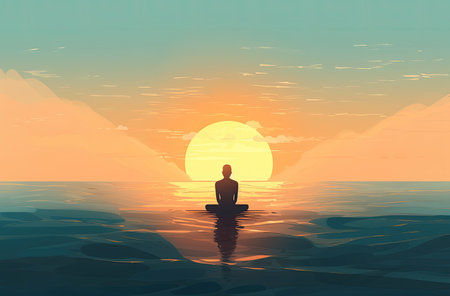Immerse yourself in the serene beauty of this stock photo, depicting a man practising yoga and meditating in the ocean, framed by a breathtaking glistening sunset. This calming image perfectly captures the essence of mindfulness, balance, and connection to nature, inspiring inner peace and wellbeing.の素材