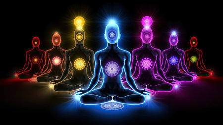 Experience the enigmatic allure of chakra lights against a black background in this otherworldly stock illustration, inspired by the visions of Narayan Shridhar Bendre. This cosmic masterpiece merges spirituality with the aesthetic charm of light indigo and maroon hues, evoking a sense of deep meditation and transcendental exploration. Enrich your creative projects with this captivating image, inviting your audience to embark on a journey of self-discovery and spiritual growth.の素材