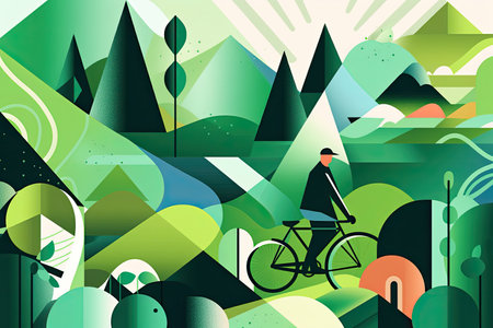 Discover the harmonious blend of organic and geometric shapes in this captivating stock photo, featuring a man riding a bike through an eco-friendly green city landscape. The high-contrast shading and velvia style make it a perfect addition to any sustainable design project.の素材