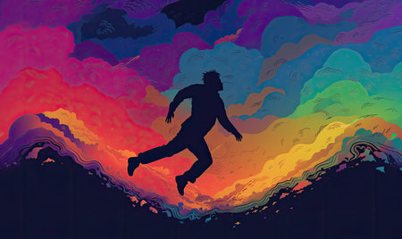 Experience the thrill of freedom in this eye-catching stock photo, featuring the silhouette of a man leaping into a colourful rainbow abyss. With retro pop art inspirations and a dark, ambiguous space, this image is perfect for adding a touch of mystery and adventure to any project.の素材