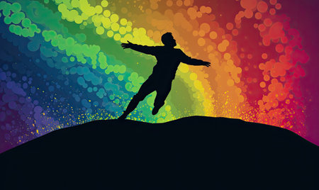 Experience the thrill of freedom in this eye-catching stock photo, featuring the silhouette of a man leaping into a colourful rainbow abyss. With retro pop art inspirations and a dark, ambiguous space, this image is perfect for adding a touch of mystery and adventure to any project.の素材