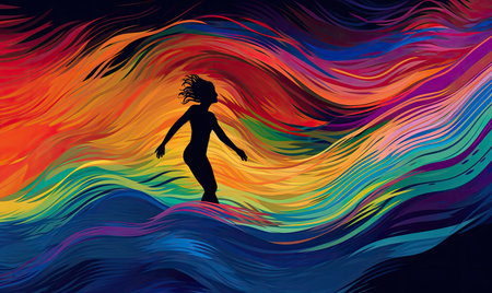 Discover a world of colour and motion in this mesmerising stock photo featuring a graceful silhouette in rainbow hues, set against a fluid, dark sky-blue and beige background. The image captures the beauty of elegant poses and bold lines, perfect for enhancing any creative project.の素材