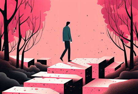 Immerse yourself in this captivating illustration of a man walking with large blocks, set against a striking dark black and pink backdrop. The expressive calligraphy and strong lines evoke the essence of modern abstract art, while the serene, surreal landscape adds a touch of elegance and balance.の素材