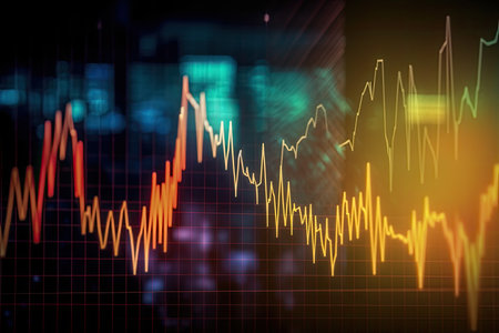 Immerse yourself in this visually striking realistic representation of a computer graph, showcasing a downward trend with underexposure and blurred elements. This abstract piece skillfully combines finance and art, making a bold statement about the fluctuating state of the economy.の素材