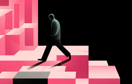 Immerse yourself in this captivating illustration of a man walking with large blocks, set against a striking dark black and pink backdrop. The expressive calligraphy and strong lines evoke the essence of modern abstract art, while the serene, surreal landscape adds a touch of elegance and balance.の素材