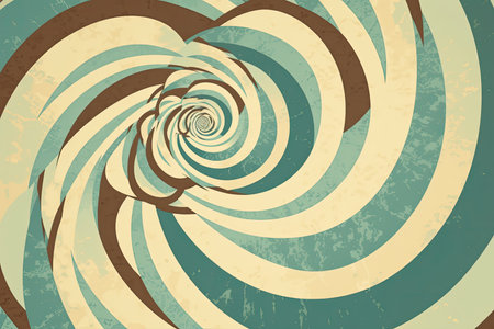 Immerse yourself in this mesmerising vintage spiral background, featuring an enchanting fusion of green and brown hues, masterfully blended with light turquoise and white. The mid-century, carpet punk style evokes a nostalgic charm while sunrays illuminate the whirly pattern, perfect for printmaking or any creative project.の素材