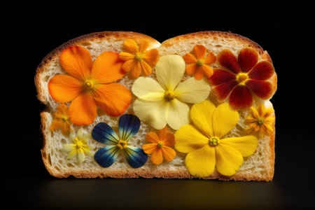 Get inspired with this eye-catching stock photo of a flower-shaped bread slice, artistically transformed through digital print technology. Embodying the spirit of flower power, this captivating image offers a unique and colourful representation of food, perfect for your next creative project.の素材