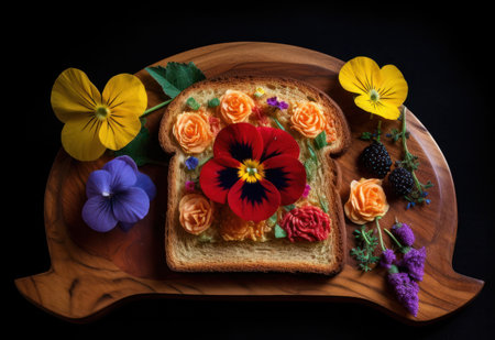 Embrace the beauty of nature and art in this captivating stock photo featuring a piece of toast adorned with vibrant flowers and detailed woodcarvings. A perfect blend of organic materials and craftsmanship, this image is an exquisite addition to any culinary or artistic project.の素材