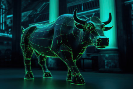 A striking precisionist artwork capturing the essence of the stock market, featuring a bull with a watchful eye on the floor of the exchange. The harmonious blend of light navy and dark green hues, strong linear elements, and luminous scenes evoke a sense of power and motion.の素材