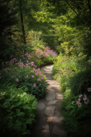 path winding through a garden with a variety of plants and flowers, a picturesque scene unfolds as a meandering path weaves its way through an abundant and diverse garden, bursting with colourful blossoms and lush foliage, the environment is tranquil and serene, infused with the sweet fragrance of flowers and the gentle rustle of leaves, a sense of calm and wonder permeates the air, dappled sunlight filters through the trees, casting soft, golden beams of light onto the path, creating a warm and inviting atmosphere.の素材