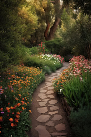 path winding through a garden with a variety of plants and flowers, a picturesque scene unfolds as a meandering path weaves its way through an abundant and diverse garden, bursting with colourful blossoms and lush foliage, the environment is tranquil and serene, infused with the sweet fragrance of flowers and the gentle rustle of leaves, a sense of calm and wonder permeates the air, dappled sunlight filters through the trees, casting soft, golden beams of light onto the path, creating a warm and inviting atmosphere.の素材