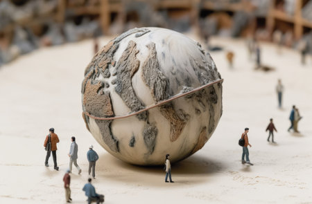 Imagine a world within a world. Silver and grey tones paint a thought-provoking scene of miniaturised people traversing a globe.の素材
