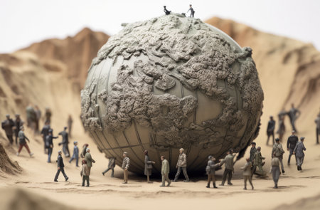 Imagine a world within a world. Silver and grey tones paint a thought-provoking scene of miniaturised people traversing a globe.の素材