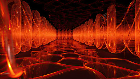 Discover the realm where energy and artistry collide. An alluring dance of silver electric infinity nets under the warm radiance of red lights.の素材