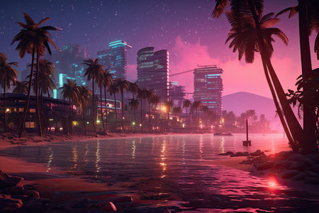 Futuristic Oceanside Twilight: A Cyberpunk Beach Scene | AI Generatedの素材