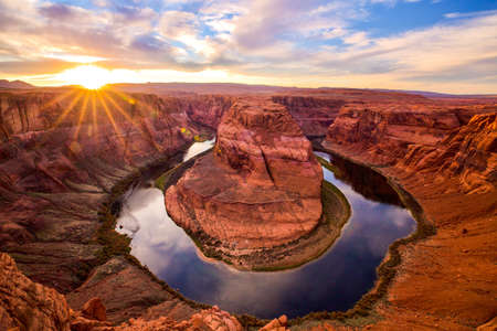 This is sunset view of Horseshoe Bend, the beautiful scenery in Arizona state of America.の写真素材