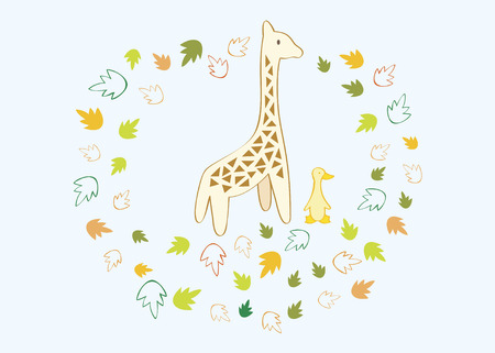 a giraffe and a duck standing side by side with autumn leaf flowing around shaping a frameのイラスト素材