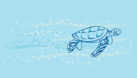 a decorative turtle swimming in the sea with bubble and water waveのイラスト素材