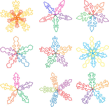 A varieties of outlined Snow flakes in colors, suitable for any Christmas themed projects.のイラスト素材