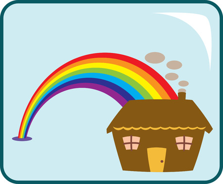 House with a falling rainbow on top of it.のイラスト素材