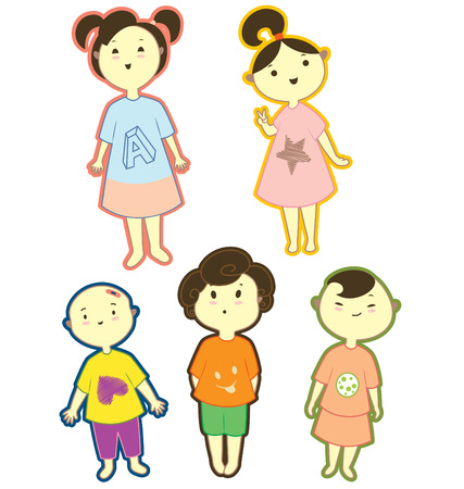 Five kids character, three little girls and two boys.のイラスト素材