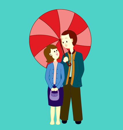 A couple walking side by side under a big umbrella.のイラスト素材