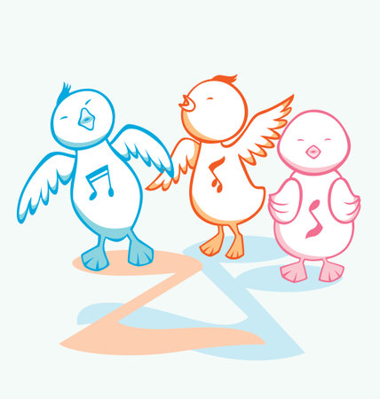 Three chicks dancing and singing with music notes as decoration.のイラスト素材