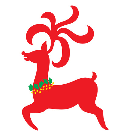 Elegant Christmas reindeer illustrated in red silhouette with wreath as accessory.のイラスト素材