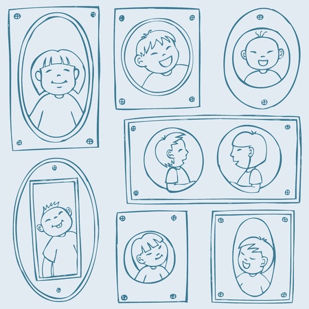 Illustrated kids with varied expression framed in different shapes frame each.のイラスト素材