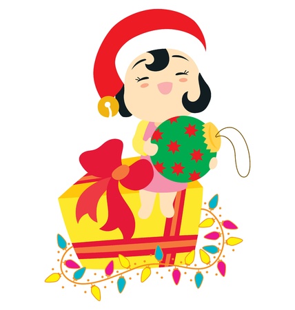 A little baby girl character smiling wearing a Santa hat and holding a big Christmas ornament, sitting on a big present with light bulbs wrapping around her.のイラスト素材