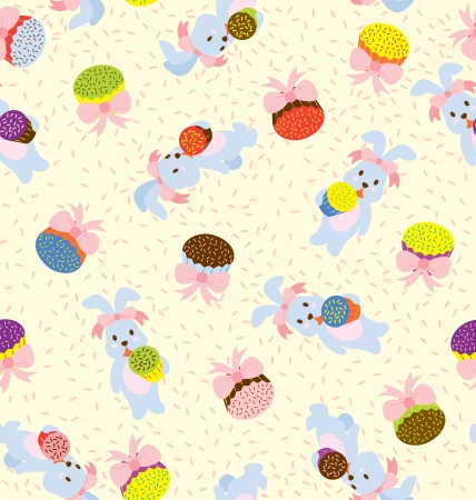 A seamless pattern of rabbits holding colourfull cupcakes and cupcakes with ribbon around のイラスト素材