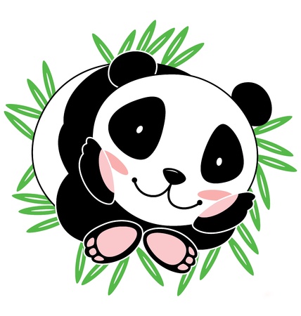 A cute baby panda smiling with lots of bamboo leaf at the background のイラスト素材