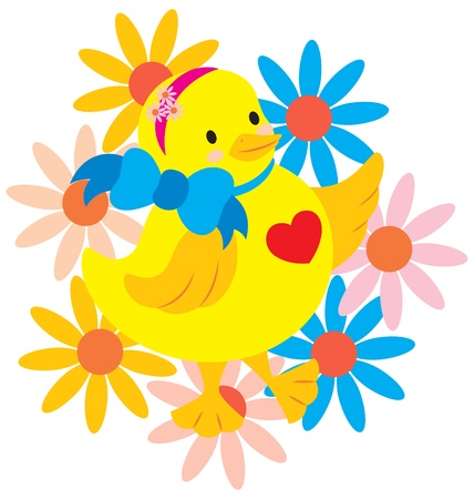 A cute chick with love shape on her chest and wearing a big ribbon with flowers on her head のイラスト素材