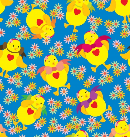A seamless pattern of chicks in action, wearing big ribbon and big love shape on the chest のイラスト素材