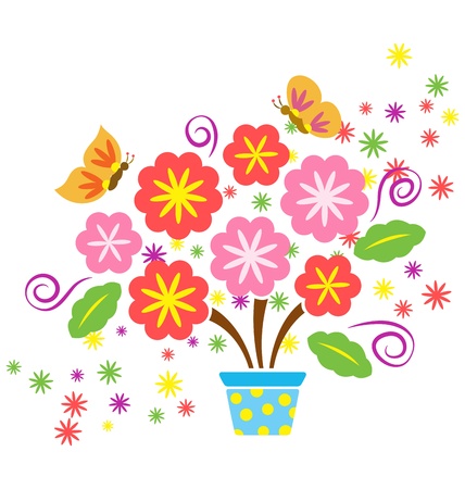 A decorative flower pot with lots of flowers and butterfly flying around  のイラスト素材