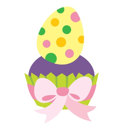 An Easter egg decorated on top of a cupcake with big pink ribbon.のイラスト素材