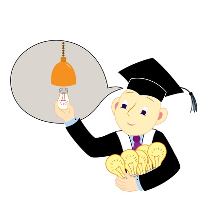 A man wearing graduation clothing holding a lot of light bulbs and his other hand is holding a light bulb ready to light up a lamp.                            のイラスト素材