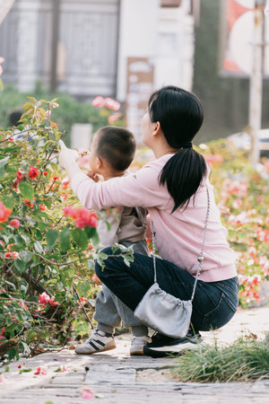 Mother and son crouching to examine pink roses in garden, outdoor family momentの写真素材