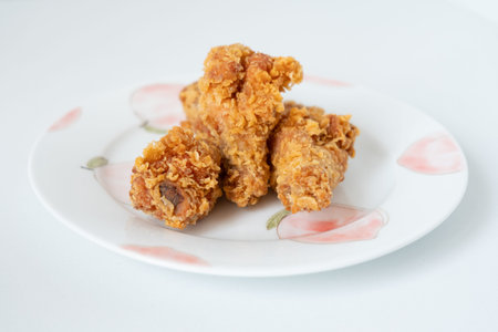 Crispy fried chicken pieces on floral plate against white background