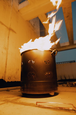Burning metal barrel with flames on rooftop at dusk, urban setting with concrete walls and sky view