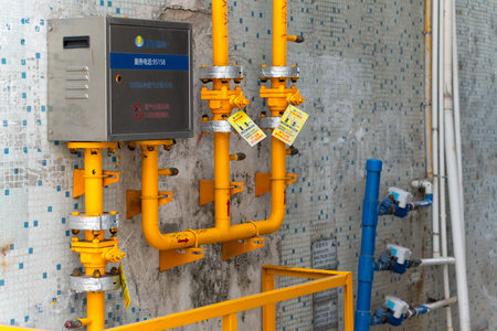 Yellow Gas Pipes and Control Valve System Mounted on Wall with Blue Tile Background in Industrial or...