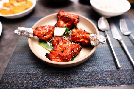 Indian Tandoori Chicken with Spicy Marinade Served on Ceramic Plate with Rice and Cutlery on...