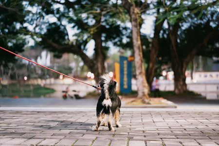Black and white dog on leash walking on paved path in urban park, cityscape background with trees