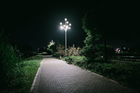 Nighttime brick pathway illuminated by streetlamp in urban park, quiet city scene at night