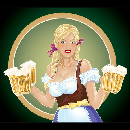 Girl waitress with, a beer in handのイラスト素材
