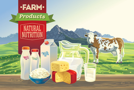 Set dairy products with a cow and mountain landscape.のイラスト素材
