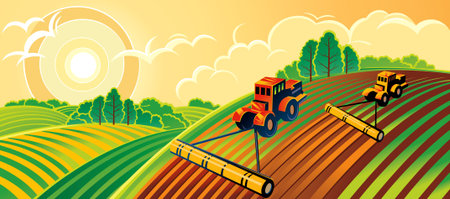 Spring country landscape with two tractorsのイラスト素材